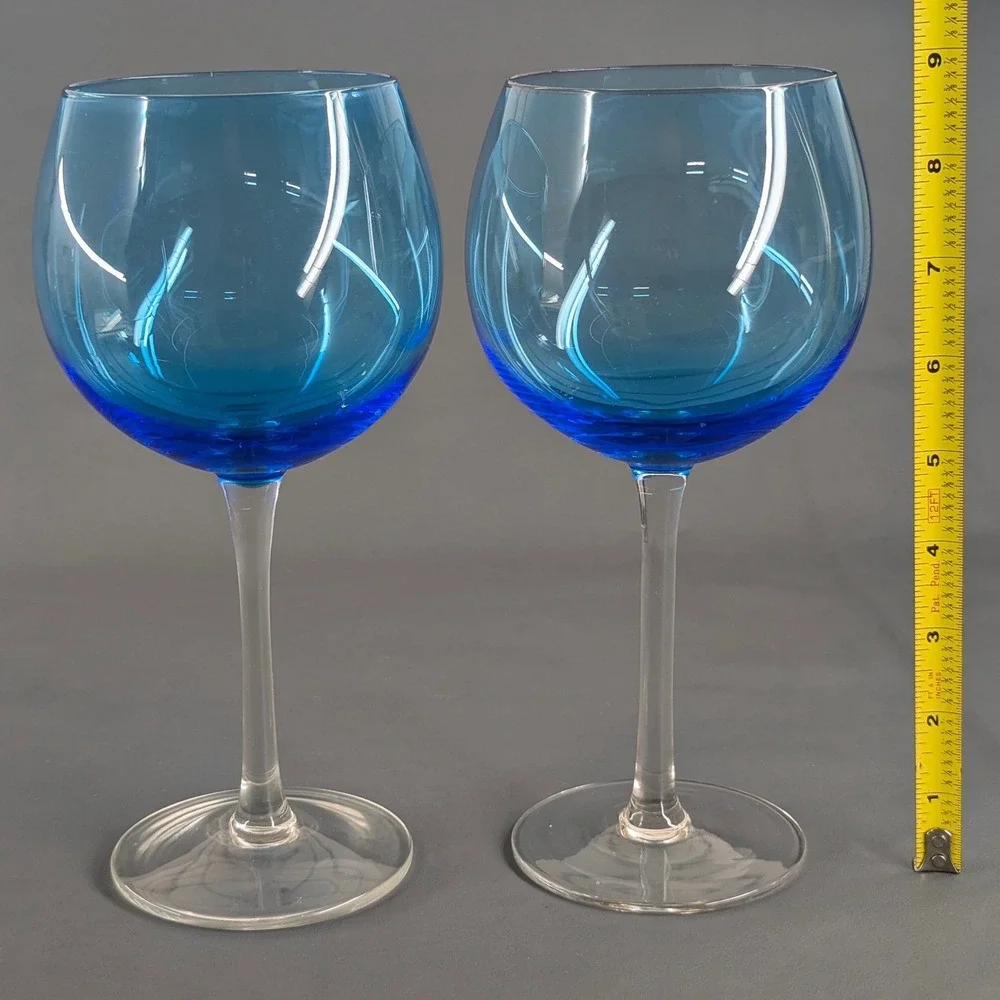 Set of 2 Blue Balloon Wine Glasses Clear Stem 8.75